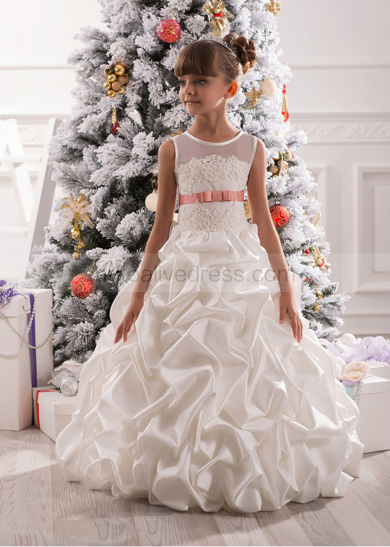 Luxury Ivory Lace Gathered Satin Flower Girl Dress